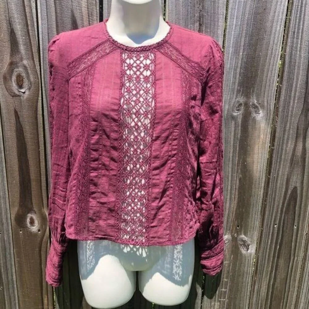 Free People Button Back Lace XS Top Without You Burgundy Maroon Anthropologie